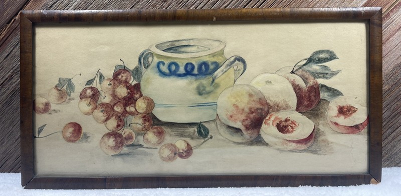 VTG Old 15×8 Hand Painted Picture Blue White Crock Peaches Cherries Farmhouse