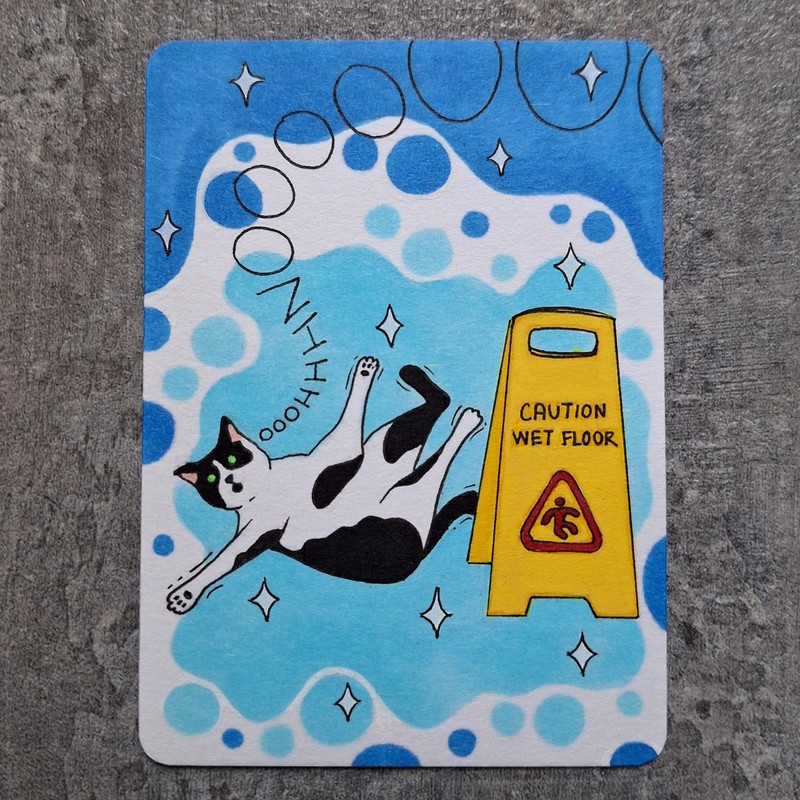 ACEO Original Artwork Celia Dimm A Slippery Situation Cat Funny Abstract Comics