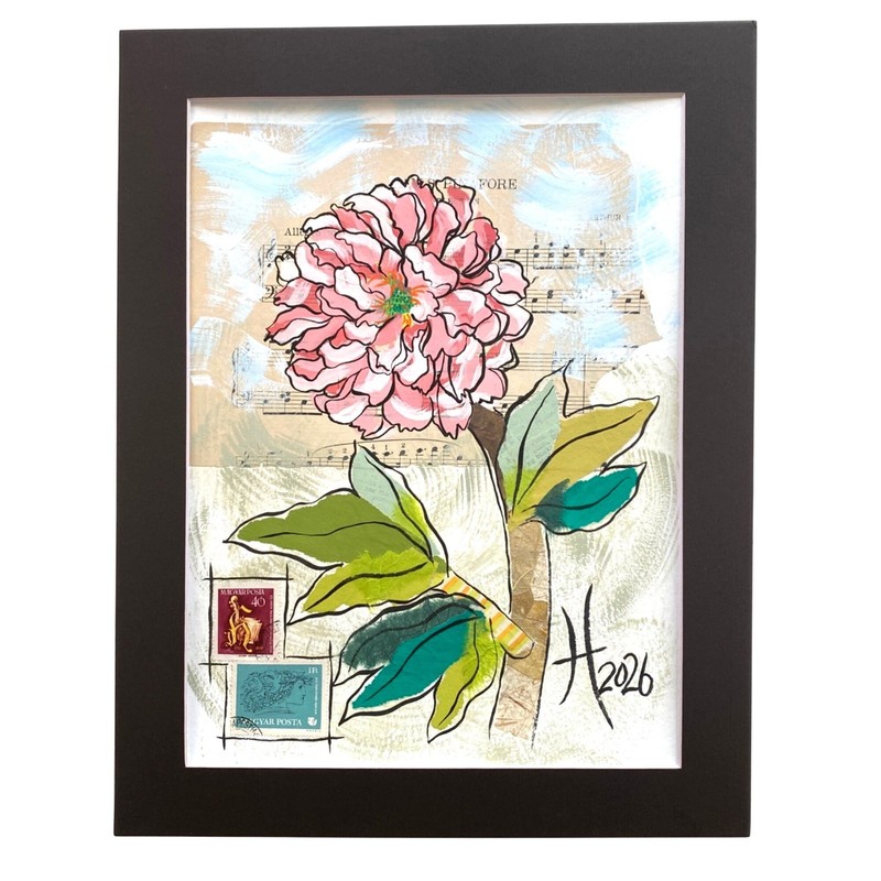 Peony Music Original Art Gouache Collage Painting 11x14in Matted Frame Ready gallery