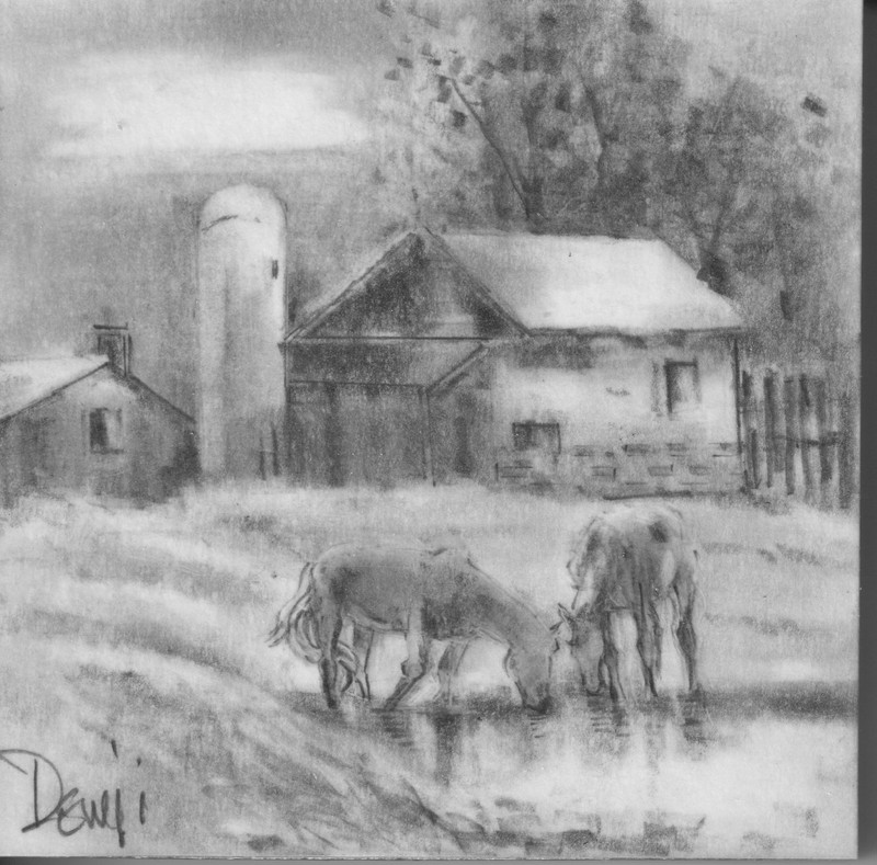 Farm 2-2026 drawing Barn, 2 horses grazing, sun rise 4″x4″ Mounted on wood panel