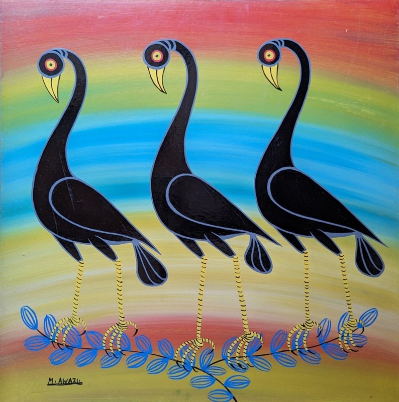 AWAZI THREE BLACK CRANES 60cm by 60cm Classic Tingatinga