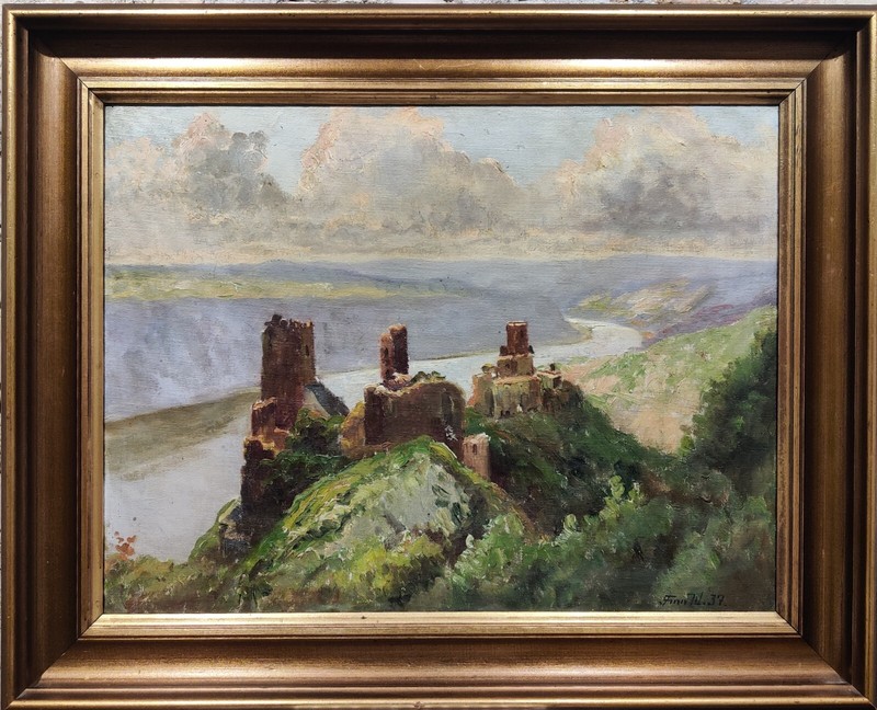 Finn Wennerwald (1896-1969): CASTLE RUINS OVERLOOKING RIVER RHEIN, dated 1937