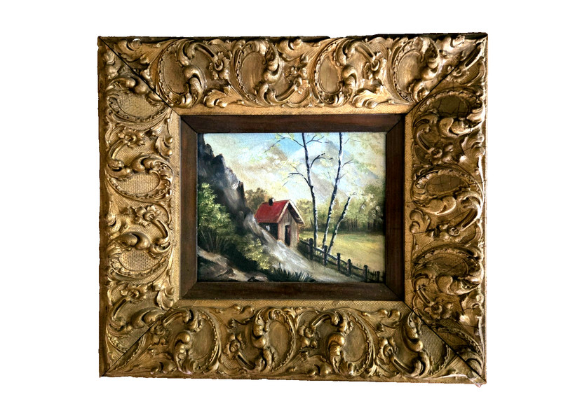 Vintage Landscape Oil Painting in Ornate Gold Frame: 17-1/2" w 15-3/4 "h-overall gallery