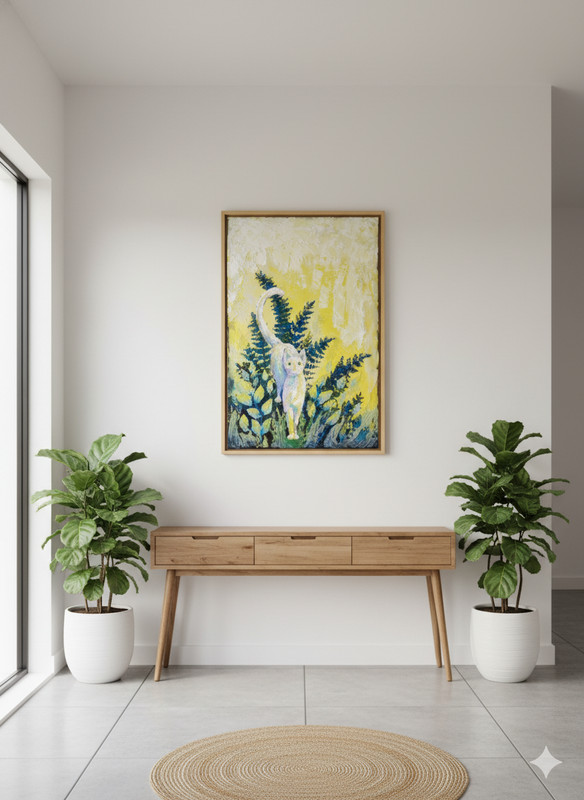 Original Painting 24″ x 36″ Contemporary Cat in Garden impasto canvas signed