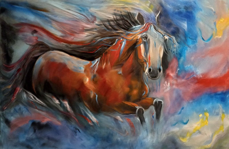 HAWAII ARTIST «HORSE ART ABSTRACT» OVERSIZE PAINTING ONE OF A KIND 24″X36″