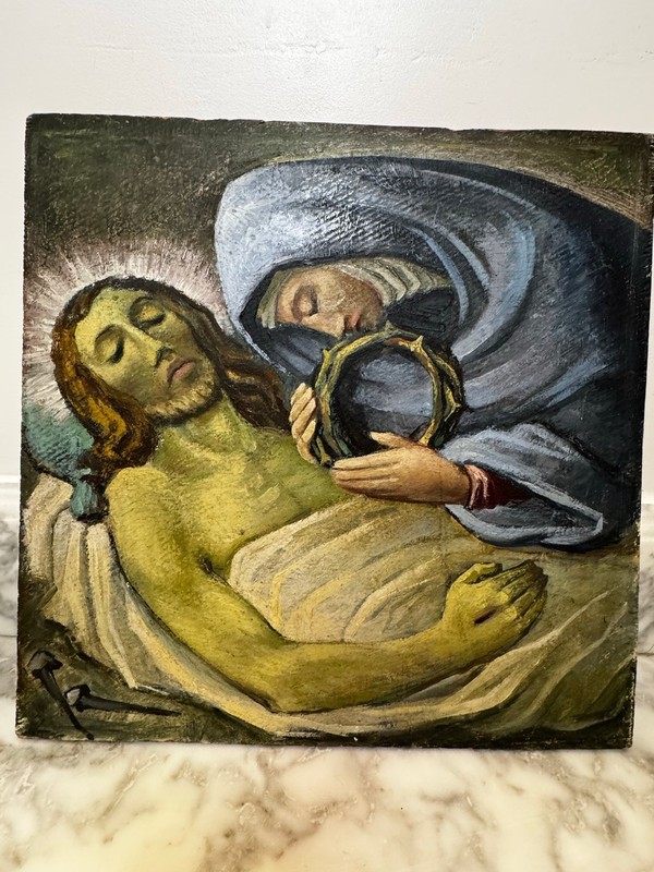 Original Mid-Century Italian Oil Painting Pietà on Hardboard Panel 12” Unsigned gallery