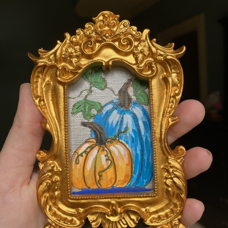 Pumpkin,fall,Original Painting On Paper,4/5,framed,gold,miniature,small,mini