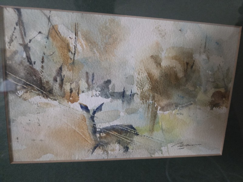 Jann Bass Original Framed Signed Watercolor Painting of DEER IN woods