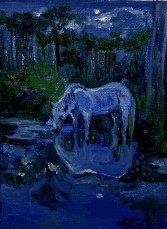 Original Hand-Painted Oil Painting ACEO on Canvas Paper – White Horse By A Pond