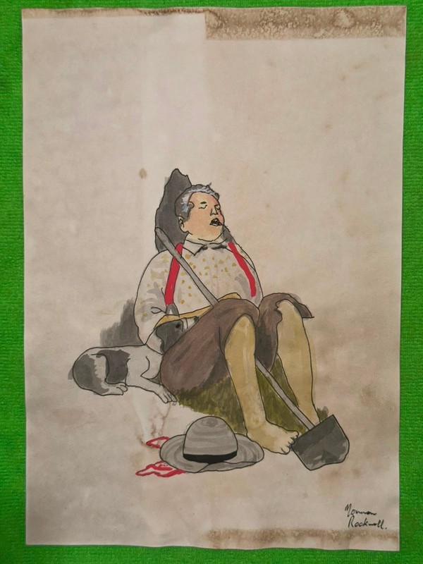 NORMAN ROCKWELL drawing and painting on old paper signed stamped vintage