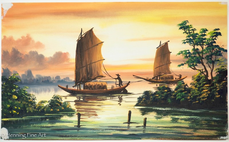 Beautiful Vintage Mid Century South East Asian Junk Boats Landscape Painting 16