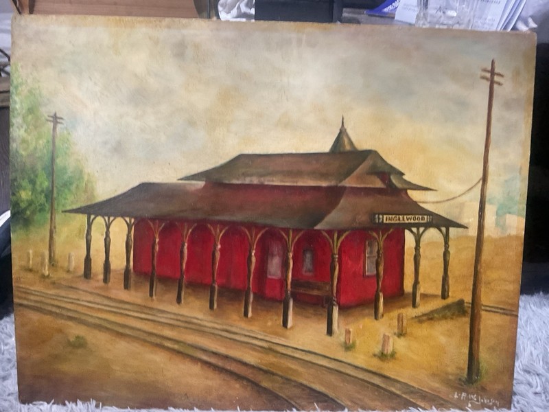 INGLEWOOD CA , OLD TRAIN STATION original painting Signed “LA” W. Johnson. gallery