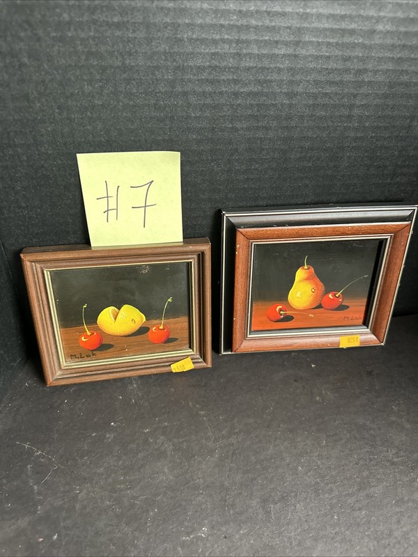 Vintage Mini Still Life Oil Paintings Fruit Pear Cherries Signed M Lok Framed#M5