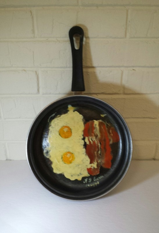 Eggs and Bacon. Original OIL PAINTING ON A REAL FRY PAN Dadaism Folk Art. Signed