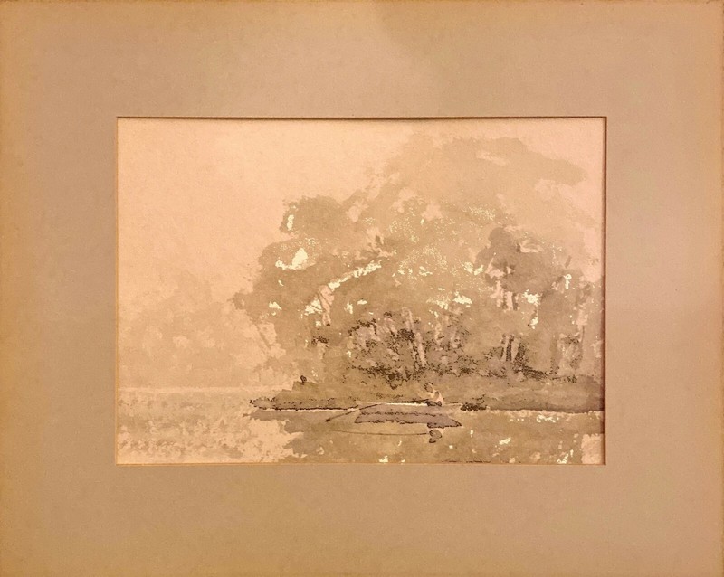 GIORGIO CARPENTIER Framed Watercolor Impressionist Landscape Lake Boat Fisherman