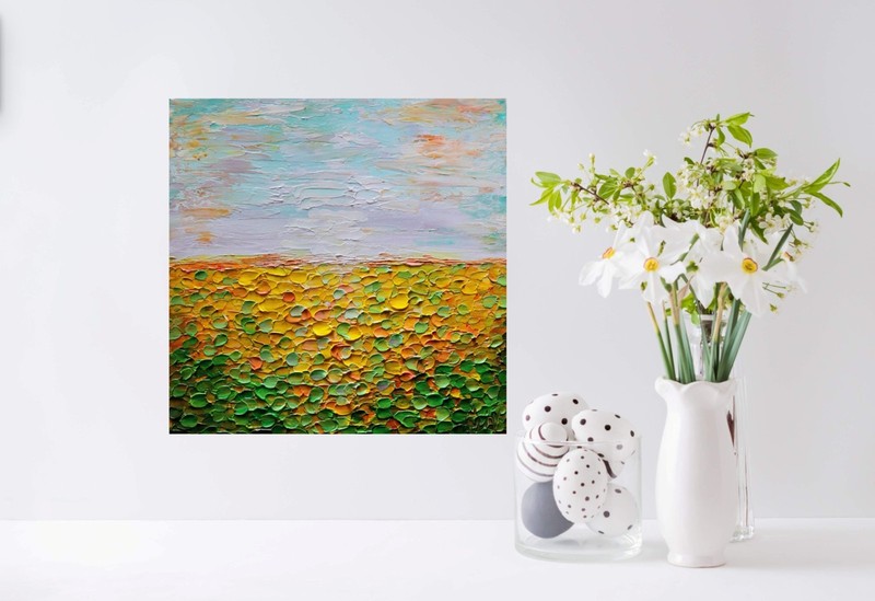 Abstract Sunflower Landscape Sunset Orange Green Yellow Original 16x16 Painting gallery