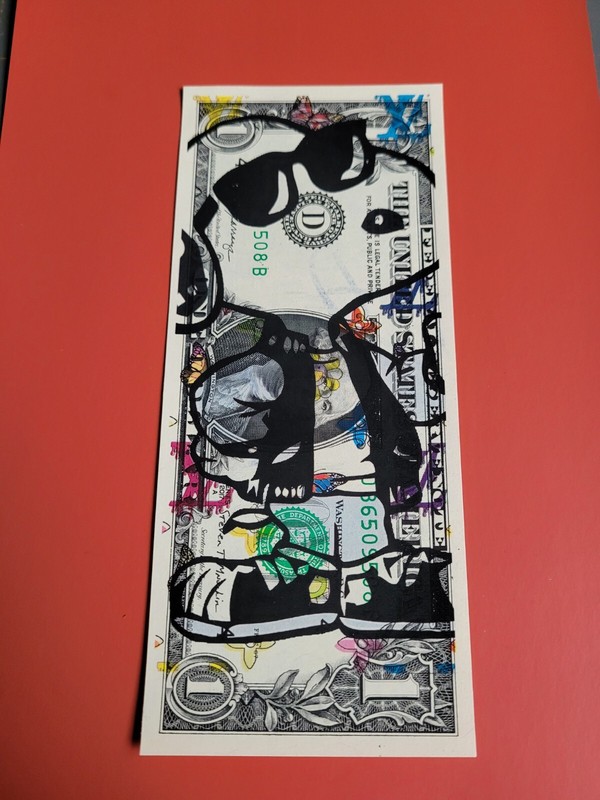 U.S 1 dollar bill Real Pop Art Original Signed Death NYC. Peanuts Snoopy.