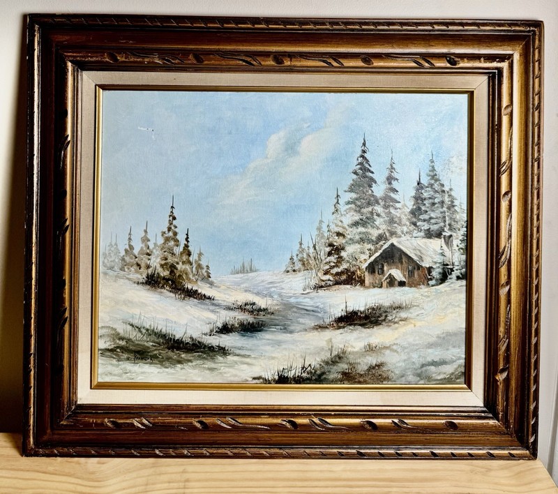 VTG 70s Oil Painting Framed Barn Landscape Winter Artist Signed 28×24″ Cabin