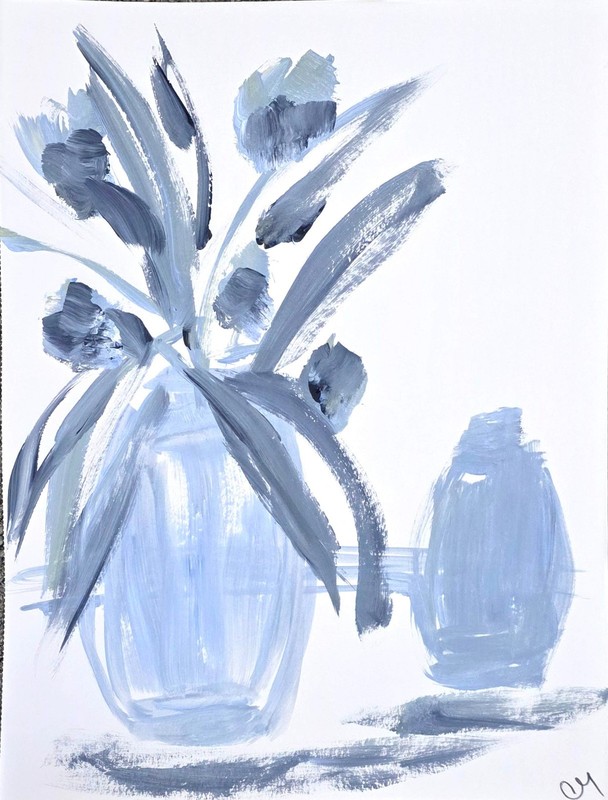 Original Acrylic 9x12 Abstract Botanical Painting Blue Floral Signed Wall Art gallery