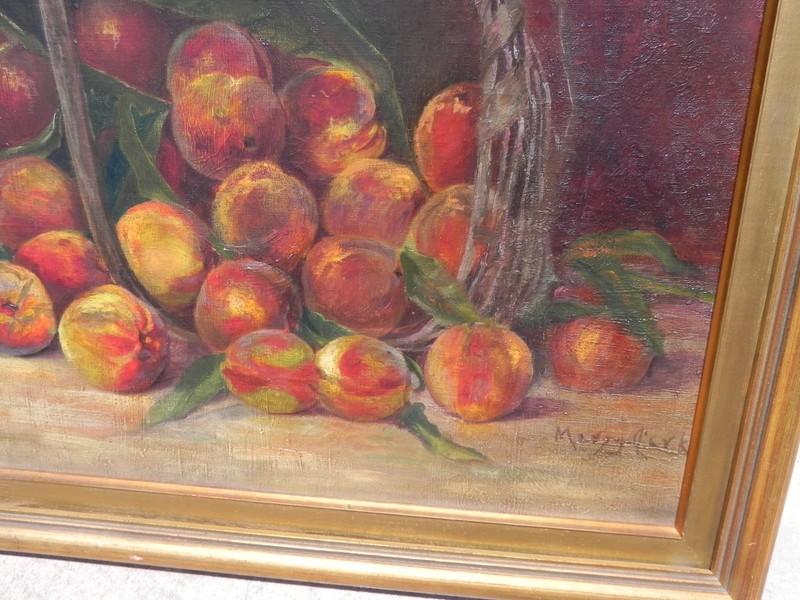 American antique still life painting summer peaches & basket by Mary Clark 1890s gallery