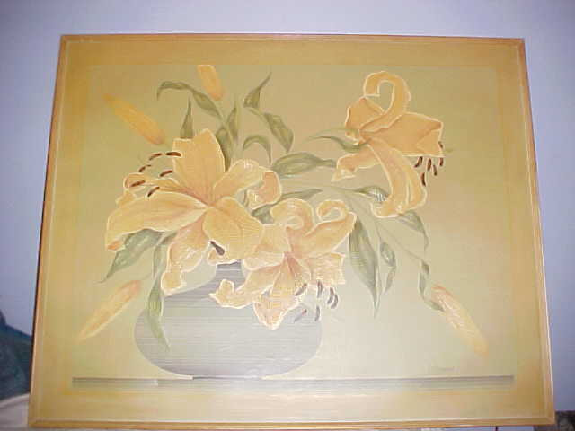 ( LETTERMAN ) FLORAL, ACRILIC ON CANVAS 61 IN.WIDE BY 49 IN TALL FRAMED IN WOOD.