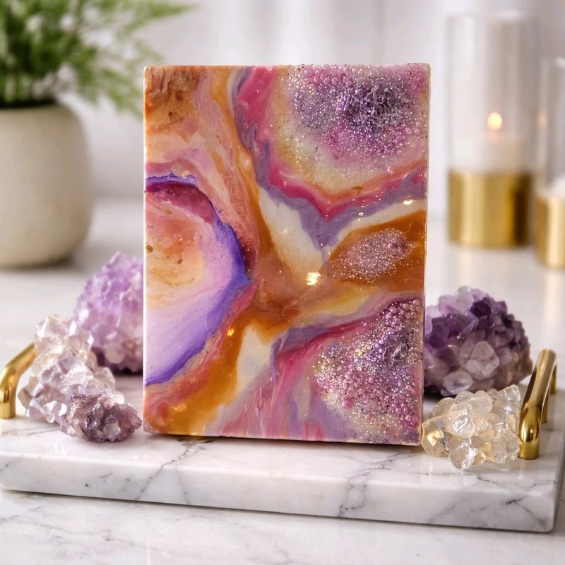 Abstract Geode Resin Art with Genuine Amythist Vertical Wall Décor