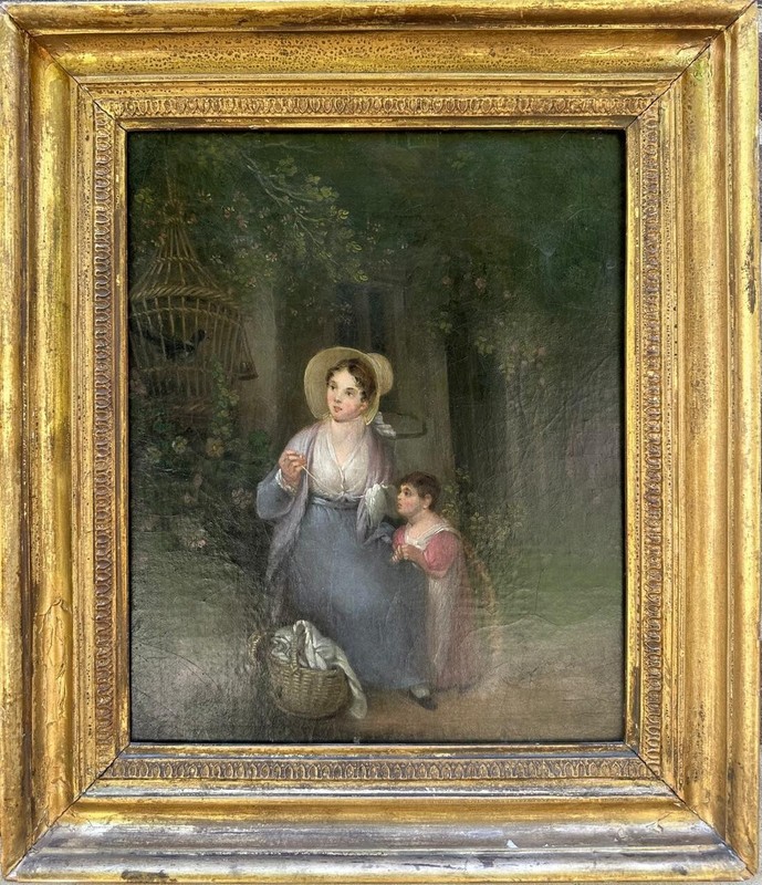 British School : Mother and Child Watching a Caged Bird, oil on canvas