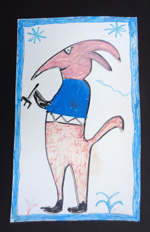 R.A. MILLER pink DEVIL blue sweater on black MAGNETIC RUBBER southern folk art