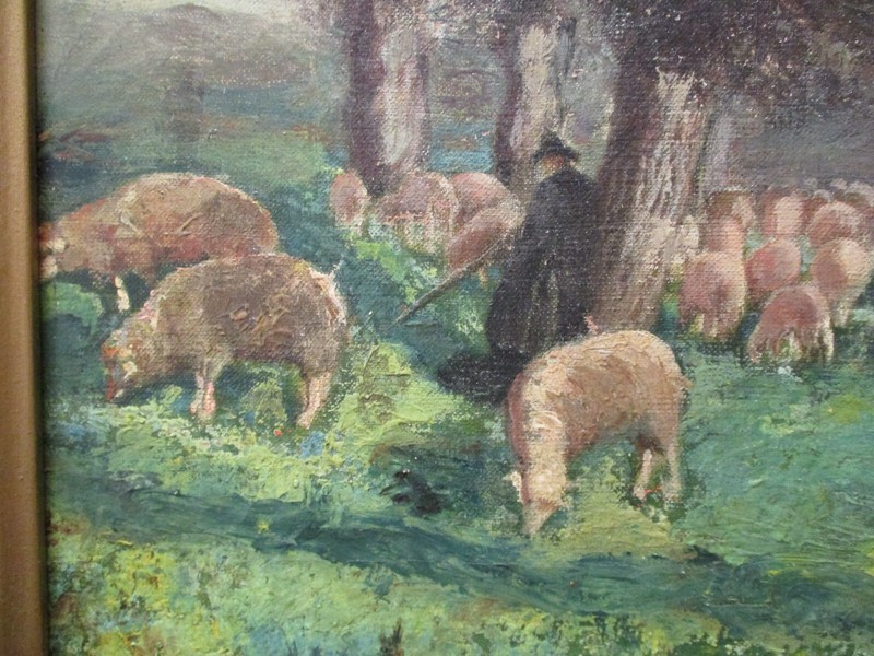 ANTIQUE OIL PAINTING 19TH CENTURY LANDSCAPE SHEEP MAN SHEPPARD 1870'S MYSTERY gallery