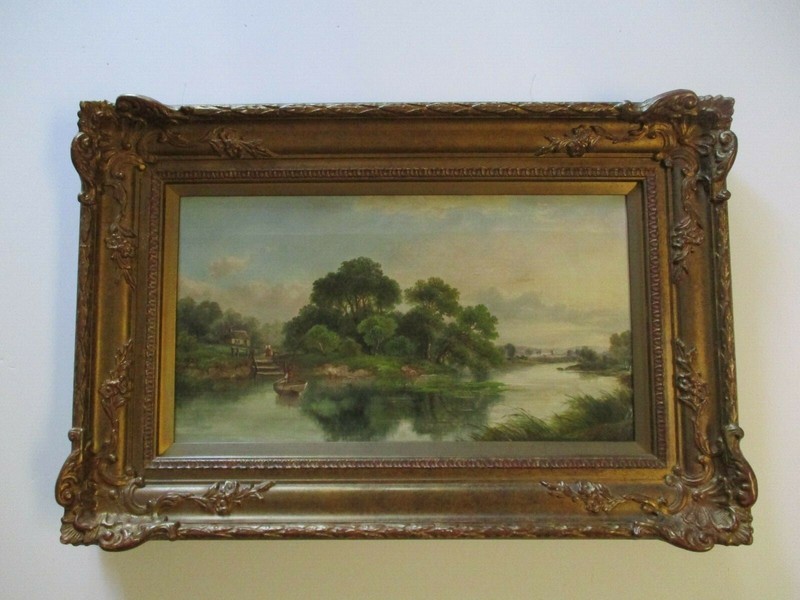 JOHN MUNDELL OIL PAINTING ANTIQUE 19TH CENTURY RIVER LAKE BOAT HOUSE OLD HOME