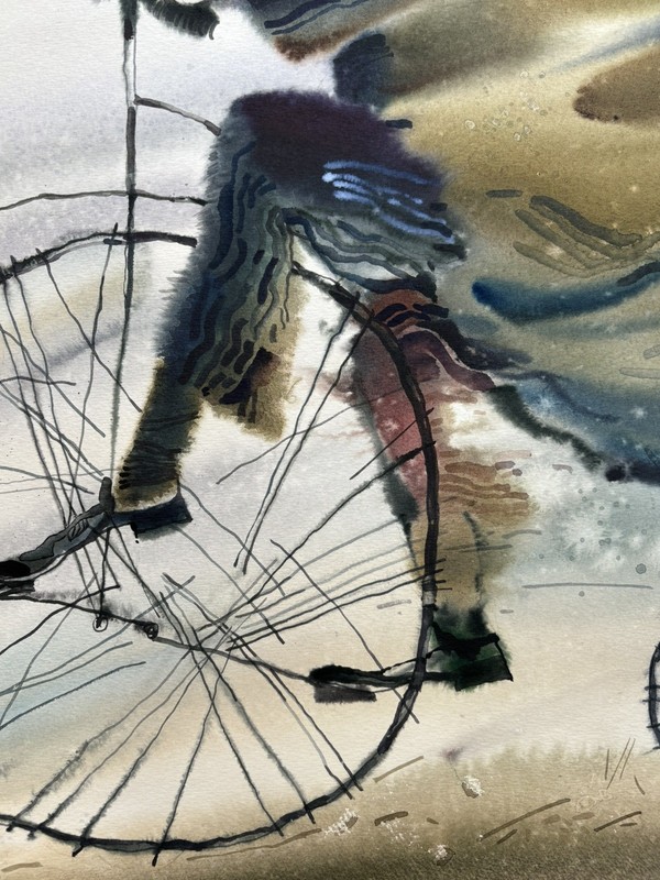 ALEXANDER KLEVAN Original Watercolor Painting Israel Art Jewish Man Bicycle Bike gallery