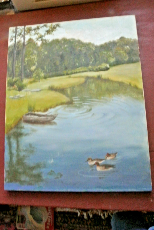 VTG folk art Oil Painting On Canvas Tranquil Pond Scene Ducks boat trees 23×16