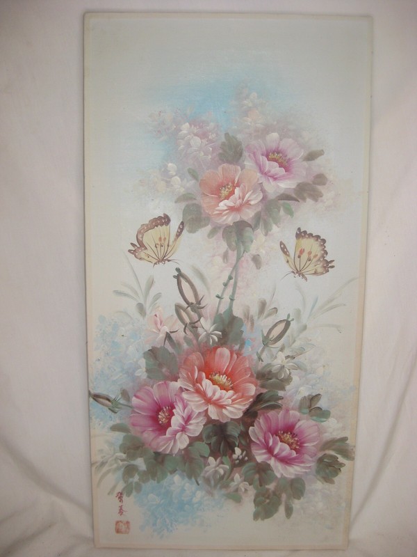 original vintage floral Asian Oriental flower butterfly 24″ x 12″ painting art