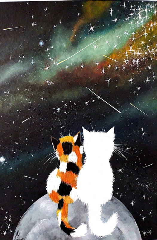 7 1/2 x 11 Original Acrylic Painting. Cats Watching Galaxy. By Gabriela H.