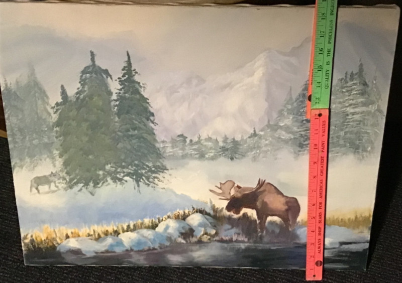 Original Vintage Art~Wildlife Canvas Acrylic Painting Wolf Hunting Bull Moose gallery