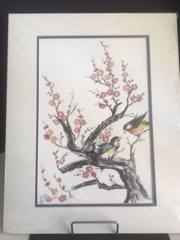 Original Signed Watercolor Painting Cherry Blossoms & Song Birds 20″ x 16″