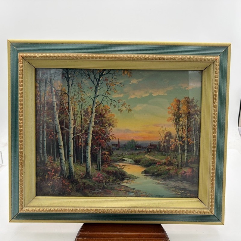 MCM Vintage Art Print Painted Framed Landscape Autumn Fall River 12.75″ X 10.5″