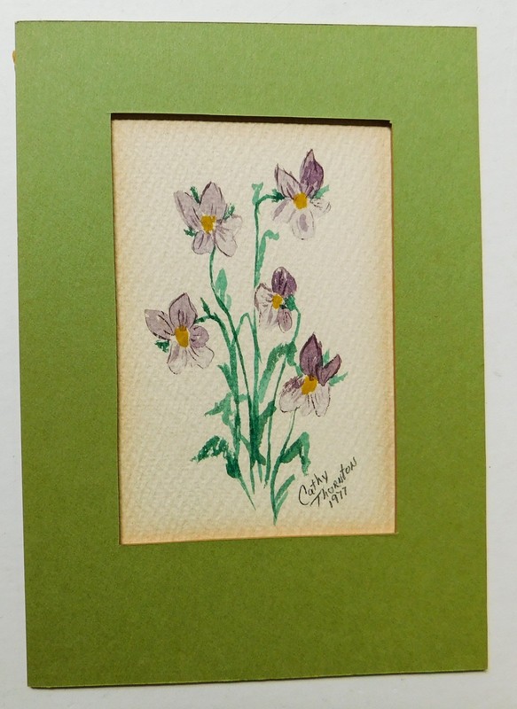 Lot of 2 Vintage 1977 Signed Cathy Thornton Watercolor Paintings Violets Tulips gallery