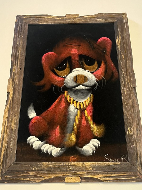 COOL 1970sVINTAGE SIGNED 21X15 VELVET PAINTING of LARGE EYED /PUPPY /DOG LQQK👀