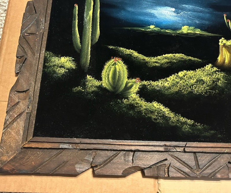 Vtg Black Velvet Painting Desert Sunset Cactus Mexico Carved Wood Frame 24”x 20” gallery