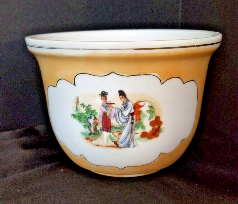 Asian Ceramic Planter, Orange Lustre Cachepot. Painted on Side with Calligraphy.