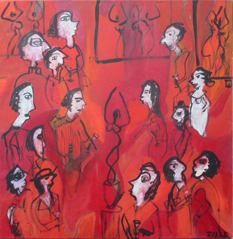 People for the vernissage gallery 1 expressive red painting 100×100 acrylic picture unique