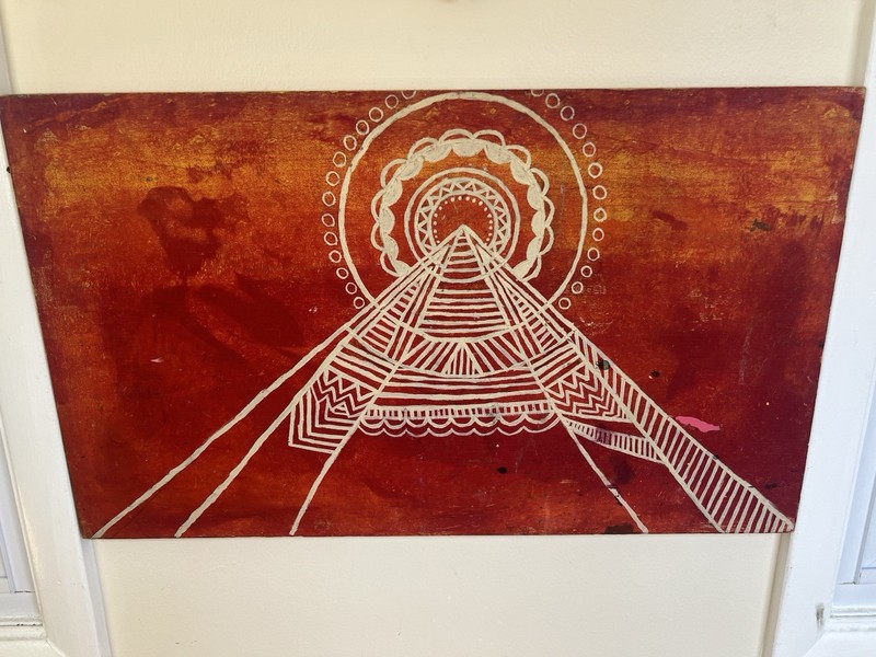 Original 27×17 Abstract Painting on Wood Panel – Geometric Sunburst Mandala Art