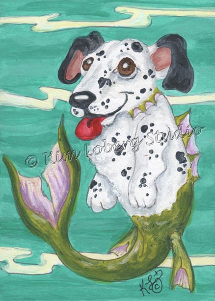 ACEO Original dog Fish dalmation Loberg Fantasy Ocean animal Creature tiny Art