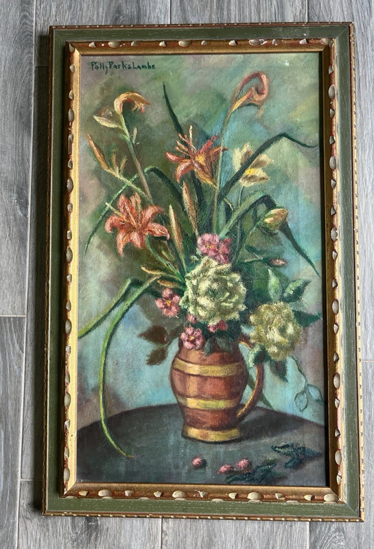 Vintage Signed Floral Still Life Painting Framed Flower Vase 17×27 c. 1961