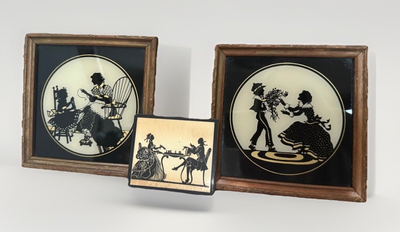 Group of 3 Antique ‘HAND PAINTED’ ROMANTIC Framed Miniature SILHOUETTES