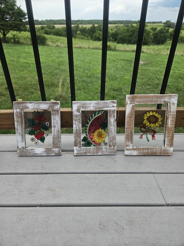 Rustic Wooden Frame Set Floral Farm Accents On Glass, Sunflower, Watermelon