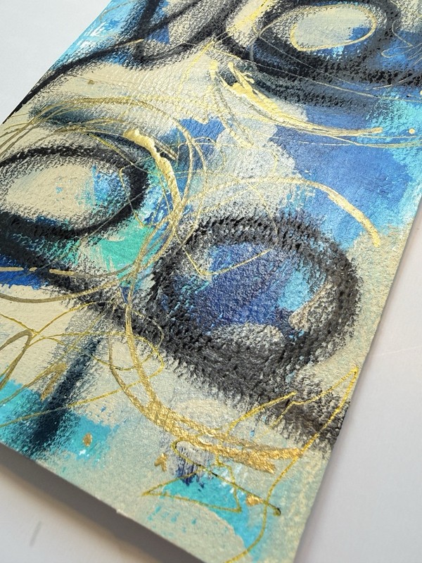 Original Abstract Mixer Media 7”x5” Painting Office Decor Blue Black Gold Art gallery