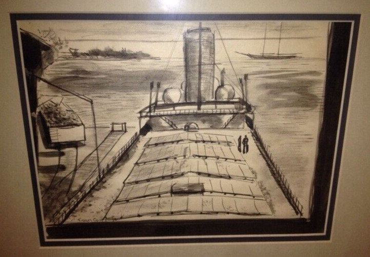 Franklin Van Court WPA Era Illinois Artist Men on Industrial Ship Ink Wash 1934!
