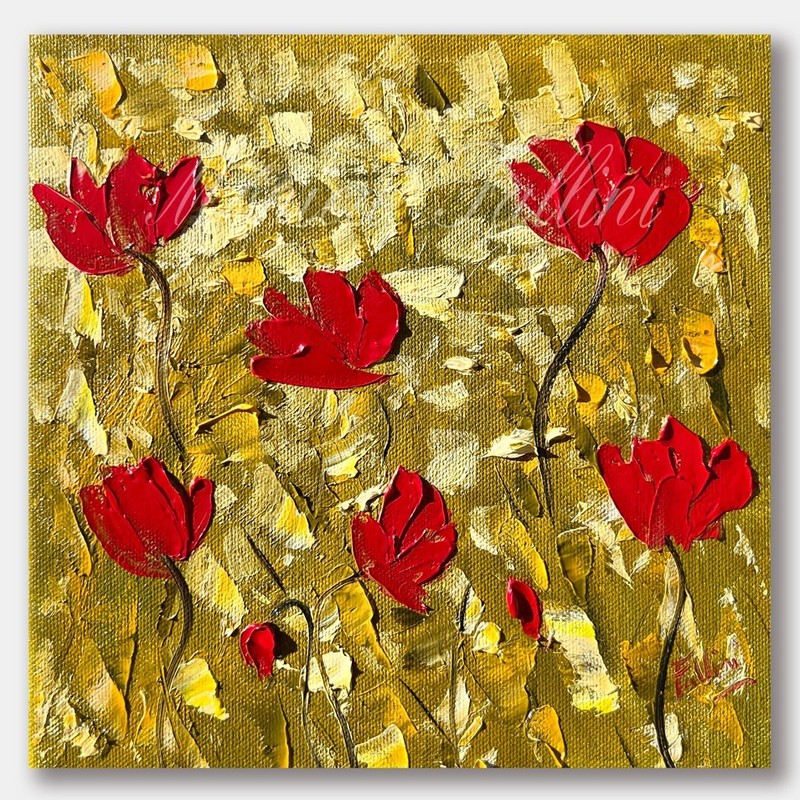 Red Poppies oil painting 8″ x 8″ palette knife contemporary art Monica Fallini
